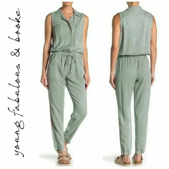 Young Fabulous & Broke Every Washed Jumpsuit Olive Green Button Down Front - Picture 1 of 4